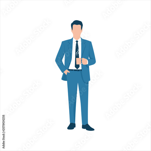 Flat Businessman Character Holding Coffee Cup in Blue Suit – Professional Corporate Office Worker Vector Illustration Isolated on White Background