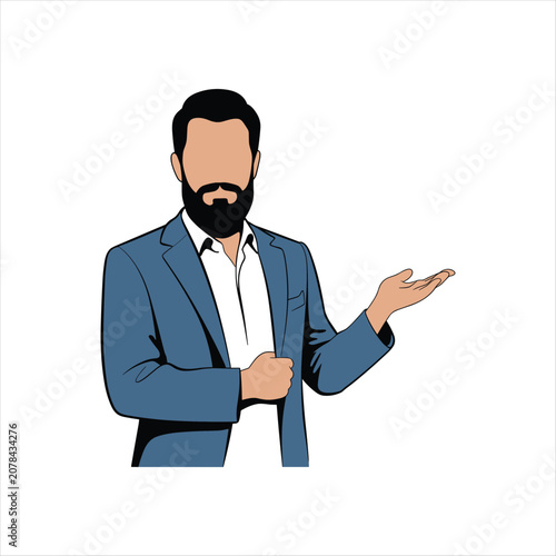 Bearded Businessman Presenting with Open Hand Gesture – Professional Corporate Male Half Body Vector Illustration Isolated on White Background