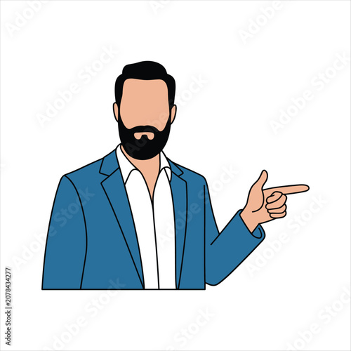 Bearded Businessman Pointing Finger Sideways Flat Vector Character Illustration Isolated on White Background