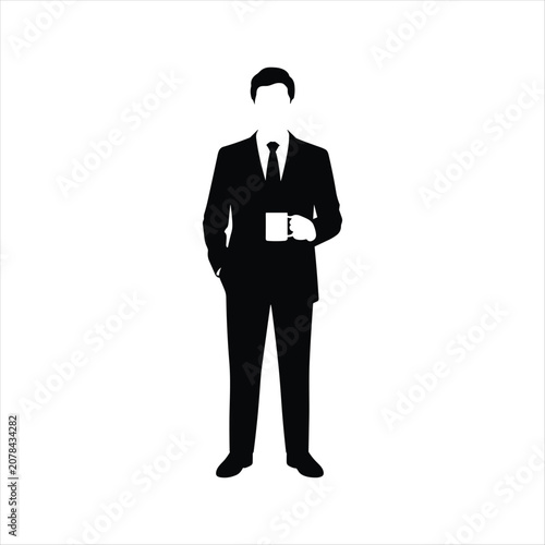 Businessman Holding Coffee Cup Standing in Formal Suit – Minimal Black Silhouette Vector Isolated on White Background