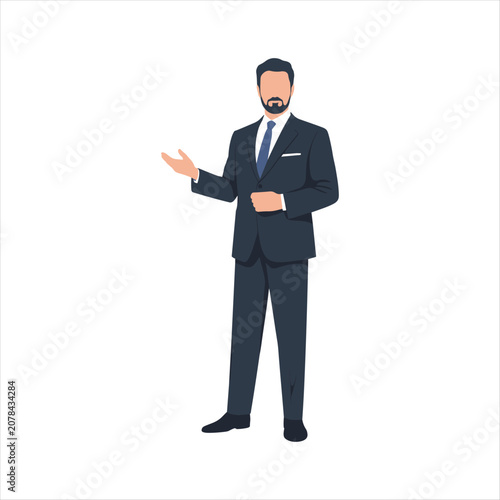 Confident Businessman Presenting with Hand Gesture in Formal Suit – Professional Corporate Vector Illustration Isolated on White Background