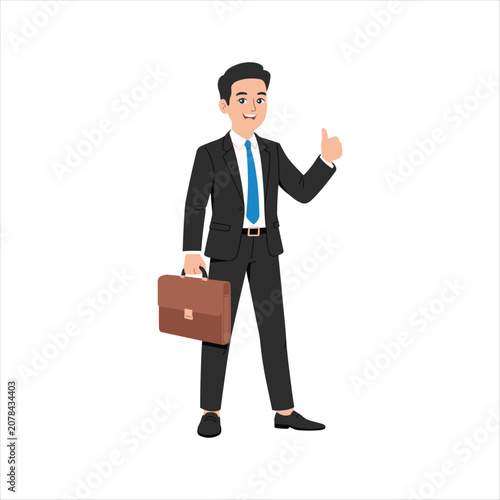 Confident Businessman Giving Thumbs Up with Briefcase, Corporate Success Flat Vector Illustration