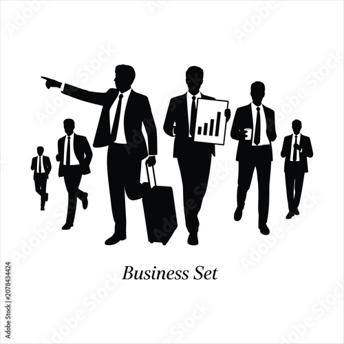 Business People Silhouette Set with Briefcase, Leadership, Teamwork and Corporate Professionals Vector Illustration