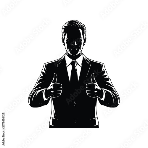 Businessman Showing Double Thumbs Up, Confidence, Success and Approval Silhouette Vector Illustration
