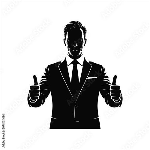 Businessman Showing Double Thumbs Up Gesture, Success, Approval and Confidence Silhouette Vector Illustration
