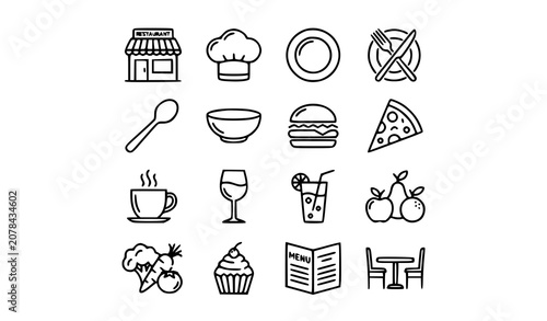Foto Restaurant food and drink line icon set with dining, meal and kitchen web vector