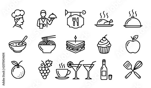 Fotografía Restaurant web icon collection with food dishes drinks and kitchen outline vecto