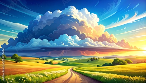 Beautiful landscape with a road and cloudy sky.