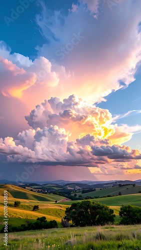 Beautiful landscape with cloudy sky sunset.