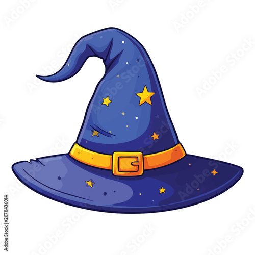 Cartoon wizard hat with stars and buckle illustration.