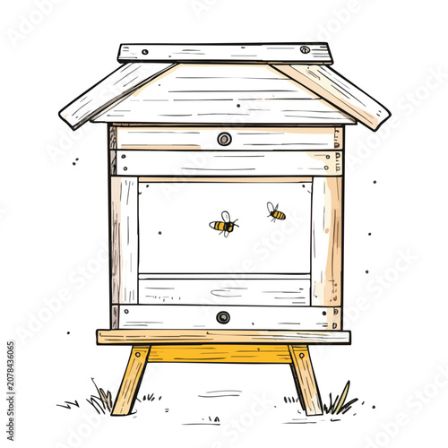 Hand drawn wooden beehive with flying bees on white background.