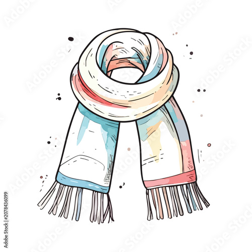 Watercolor illustration of a cozy winter scarf with tassels.