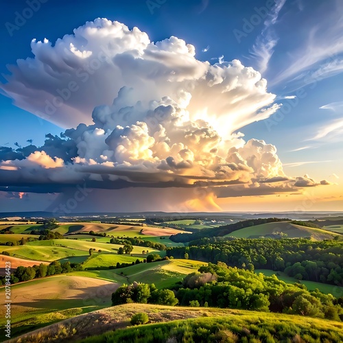 Beautiful landscape with green fields and cloudy sky.