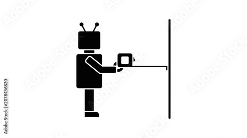 Robot technician uses a measuring tape to assess the precise distance of a wall surface for architectural construction planning.