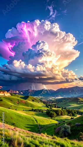 Beautiful landscape with green hills and clouds.