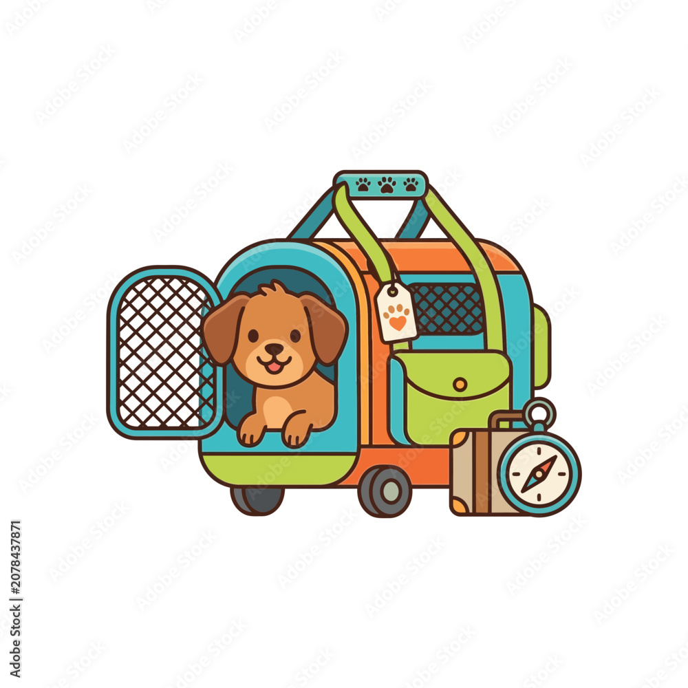 Naklejka premium Cute Dog in Pet Carrier Ready for Travel with Suitcase and Compass