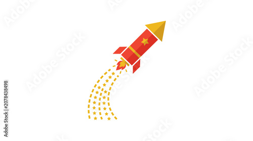 Vector illustration of a red and yellow toy rocket launching upward with a spark trail on a white background