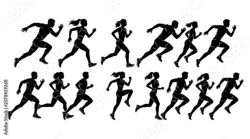 Obraz na płótnie Multiple Silhouettes of People Running Fast.