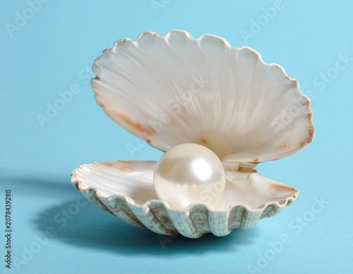 Open clam seashell revealing a large shiny pearl inside