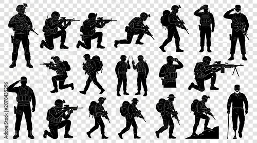 Bild auf Leinwand Soldiers in Various Military Poses Silhouettes.