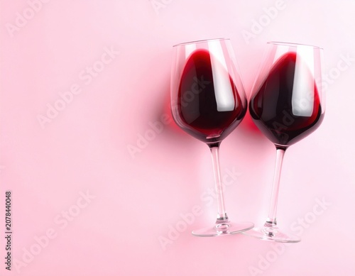 Two wine glasses filled with red wine lying flat on a pink surface
