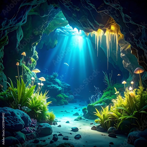Beautiful underwater cave with sunlight shining through.