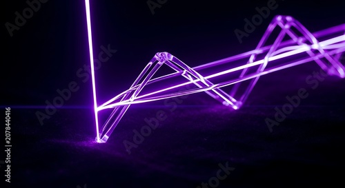 Abstract visualization featuring a glowing purple geometric structure with light trails against a dark, minimalist background.