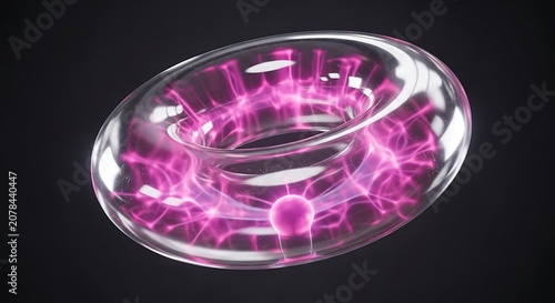 Transparent torus shape with vibrant pink energy, swirling particles, and a central sphere against a dark background.