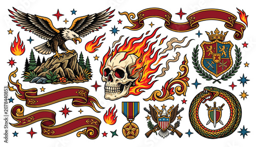 Cuadro en lienzo Vintage tattoo flash featuring soaring eagle, blazing skull, heraldic emblems, medals, banners, and patriotic symbolism artwork