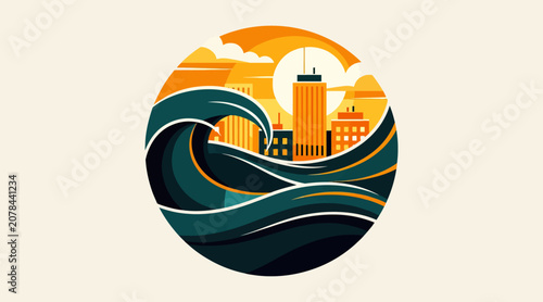 City skyline with stylized ocean waves and sunset colors.
