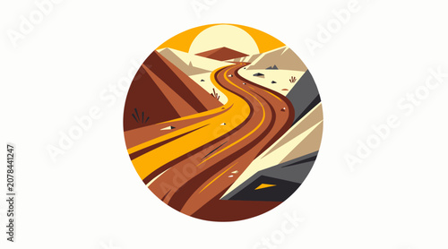 Winding road through colorful mountain landscape at sunset.