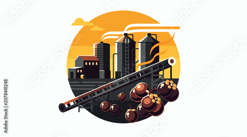 Industrial factory with smokestacks and machinery illustration.