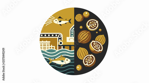 Colorful illustration of fish and food items in circular design.