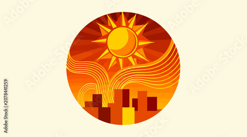 Vibrant sunrise over stylized city skyline illustration.