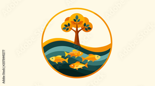 Colorful tree and fish circular nature emblem.