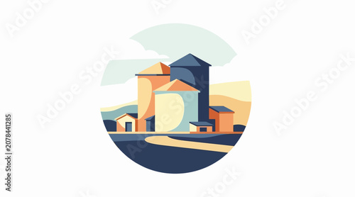 Colorful illustration of industrial grain silos at sunset.