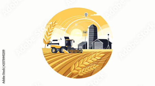 Harvest scene with combine tractor and silos in farm field.