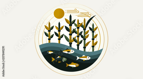 Illustrated aquatic ecosystem with plants and fish.