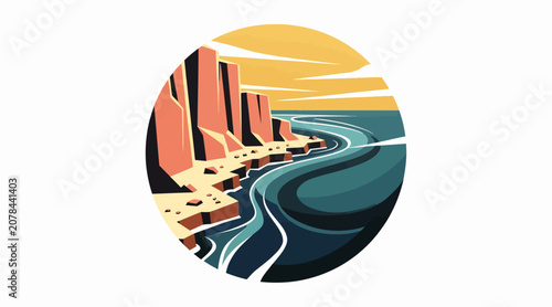 Abstract landscape with flowing river and colorful cliffs.