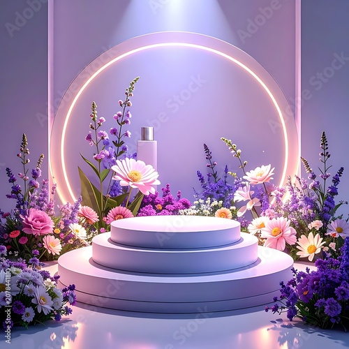 beauty product display with flowers.