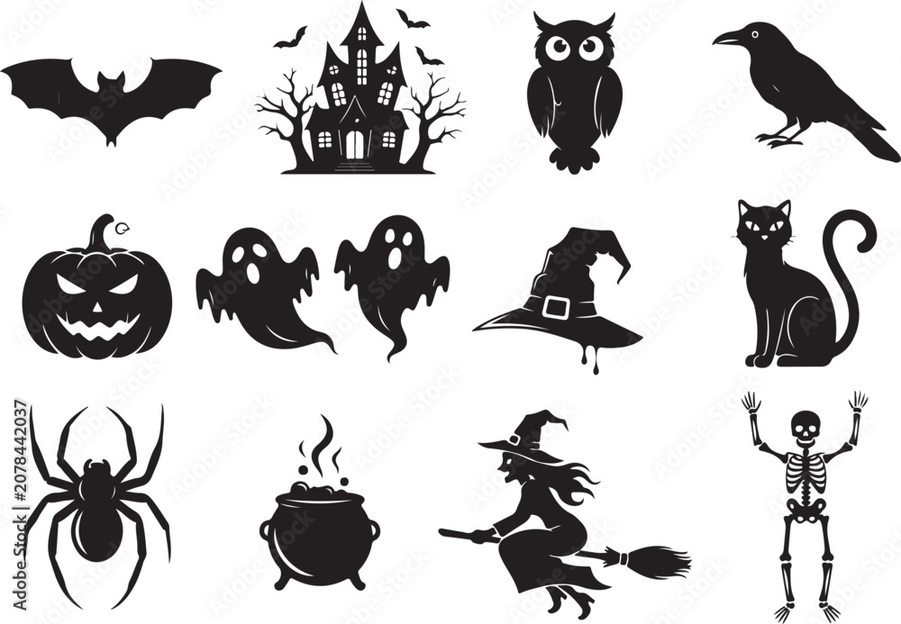 Fototapeta premium set of halloween element silhouette collection. Black and white vector editable file. pumpkin, ghost, cat, cauldron, horror house, female witch ride, owl, raven bird, skeleton, spider, witch hat 3