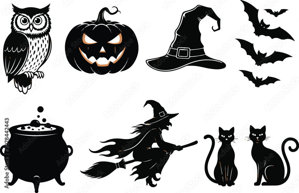 Fototapeta premium set of halloween element silhouette collection. Black and white vector editable file. pumpkin, ghost, cat, cauldron, horror house, female witch ride, owl, raven bird, skeleton, spider, witch hat 3