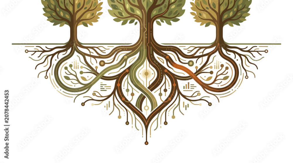Fototapeta premium Three Stylized Trees with Intricate Root System Representing Network Connection and Nature Harmony