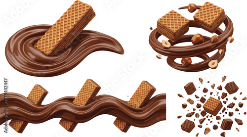 Fotografía Hazelnut Chocolate Wafer Biscuit Vector Icon Set Featuring Crispy Bars Swirling