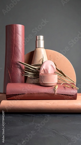 Beauty products on decorative background.