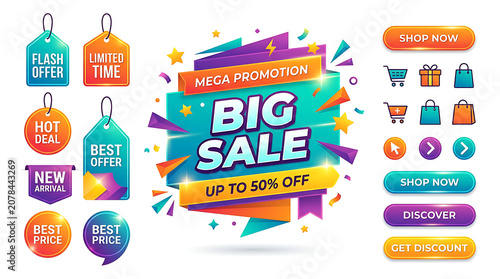 Mega Promotion Big Sale Banner and Shopping Tag Vector Set with Web Buttons