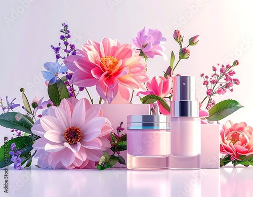 beauty products with floral arrangement.