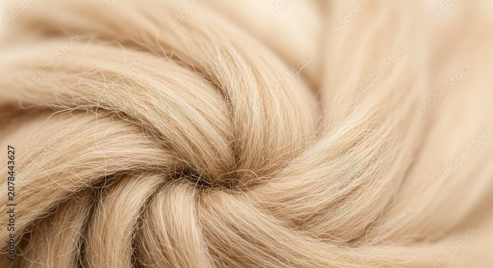 Fototapeta premium Detailed macro shot of soft natural beige wool fibers featuring a shallow depth of field for a warm, cozy, and rustic textile background, tan, thread, organic