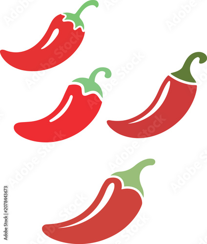 Four red chili peppers with green stems isolated on white background vector illustration