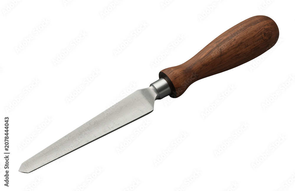 Fototapeta premium Woodworking chisel with sharp metal blade and wooden handle, a hand tool for carving and shaping wood, cut out on transparent background